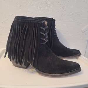 FRYE Black Suede Leather Fringe Bootie Womens Boots Sz 7.5 Festival Boho Western